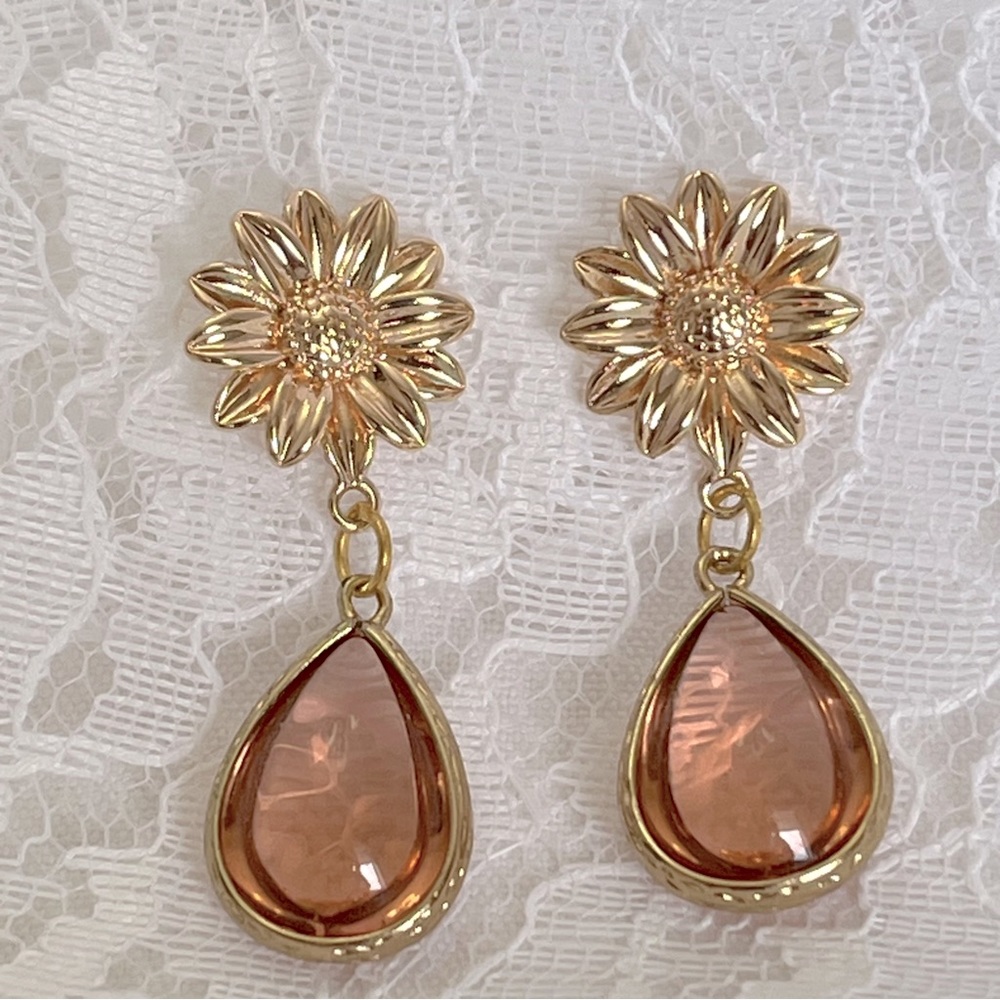 Gold Flower Pink Peach Glass Handmade Dangle Earrings